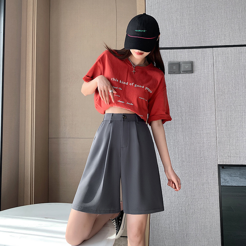 High-Waisted Gray Suit Shorts for Women, Summer Thin Loose Casual Wide-Leg Slimming Mid-Length Stylish Straight-Cut Shorts