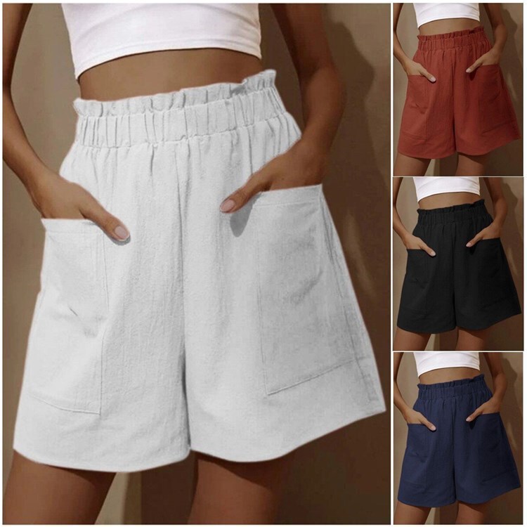 2025 Amazon Cross-Border New Summer European and American Cotton and Linen Bud High-Waist Fashion Large Size Wide-Leg Casual Shorts for Women