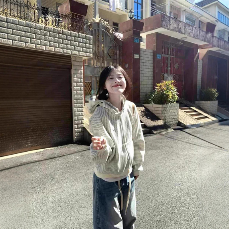 韩系早秋穿搭条纹开衫连帽卫衣外套女春秋季2025新款宽松长袖上衣|undefined