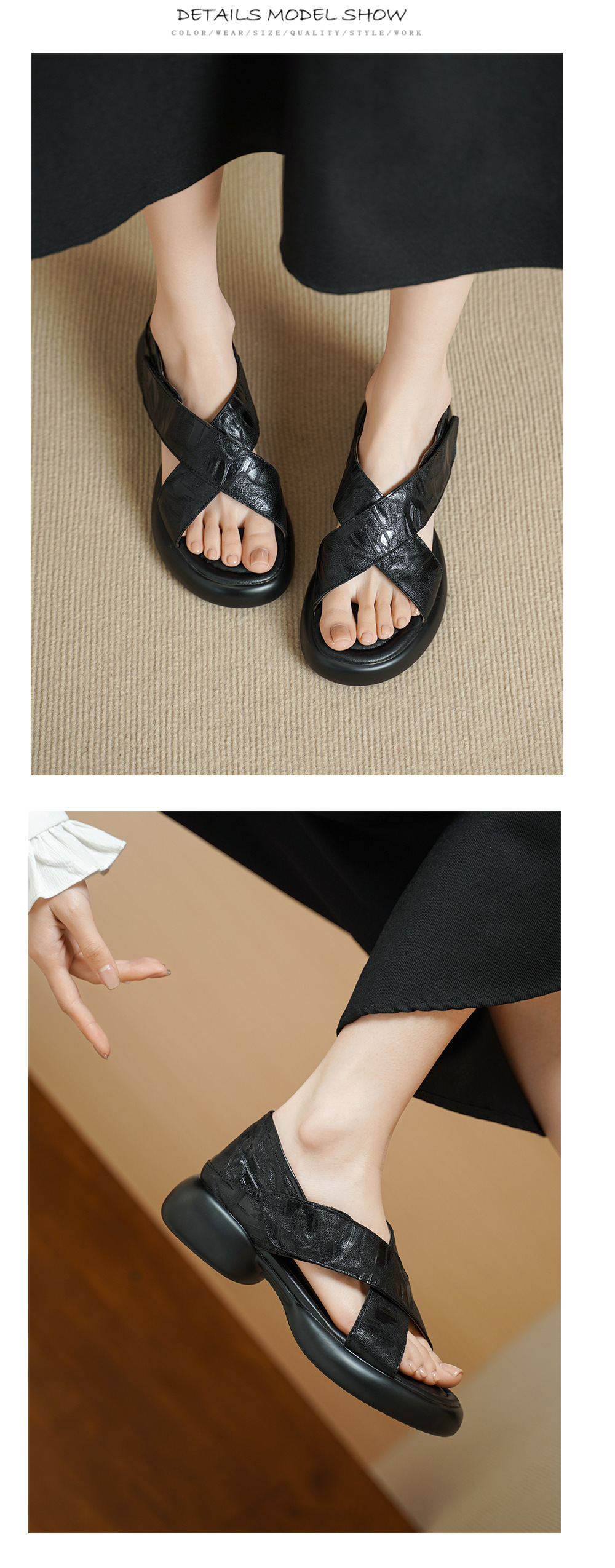 Sandal nữ hở mũi đế dày 4 cm da cừu quai chéo bọc gót — màu nâu chi tiết 13