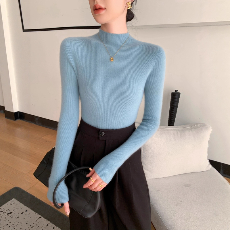 One-Line Ready-To-Wear Seamless Women's Half Turtleneck Pullover Bottoming Shirt Autumn and Winter Inner Sweater Slim Long-Sleeved Wool Knitwear