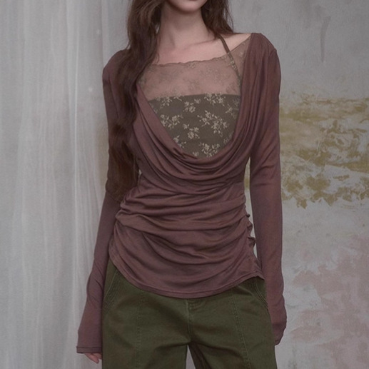 French-Style Lace Splicing Faux Two-Piece Inner T-Shirt Autumn New Sheer Base Shirt Slim Fit Ruched Top