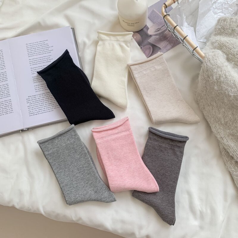 Korean Solid Color Rolled Edge Socks Women's Short Socks Ins Trendy Cute Japanese Style Slouch Socks Versatile Spring Summer Thin Mid-Calf Socks