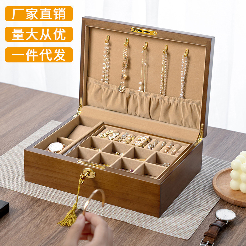Solid Wood Jewelry Box Storage Box Chinese Antique Style Necklace Earrings Watch Bracelet Jewelry Wooden Double-Layer Jewelry Box