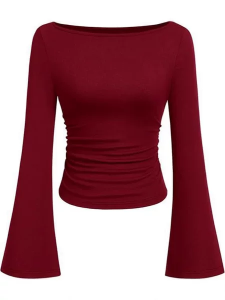 European and American Style Spicy Girl Solid Color Boat Neck Flared Sleeve T-Shirt for Women, 2026 Autumn Slim Fit Ruched Slimming Long Sleeve Top