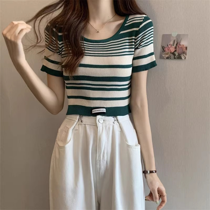 Striped short-sleeved T-shirt women's thin summer design sense niche sweater slim fit hot girl short pure Top Fashion