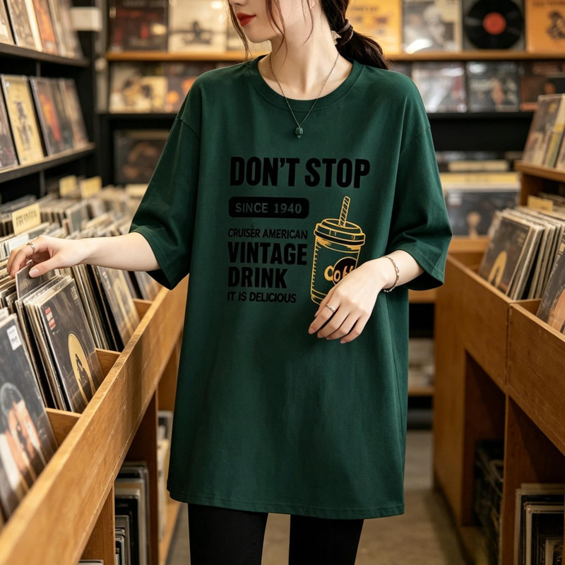 【Coffee Letters】 Summer Pure Cotton Printed T-Shirt for Women, Korean Style, Loose Fit, Round Neck, Unique Design, Niche Style Tee