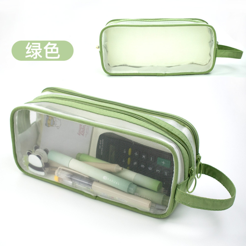 双层透明网纱笔袋简约多层手提笔袋大容量学生考试专用文具收纳袋|undefined