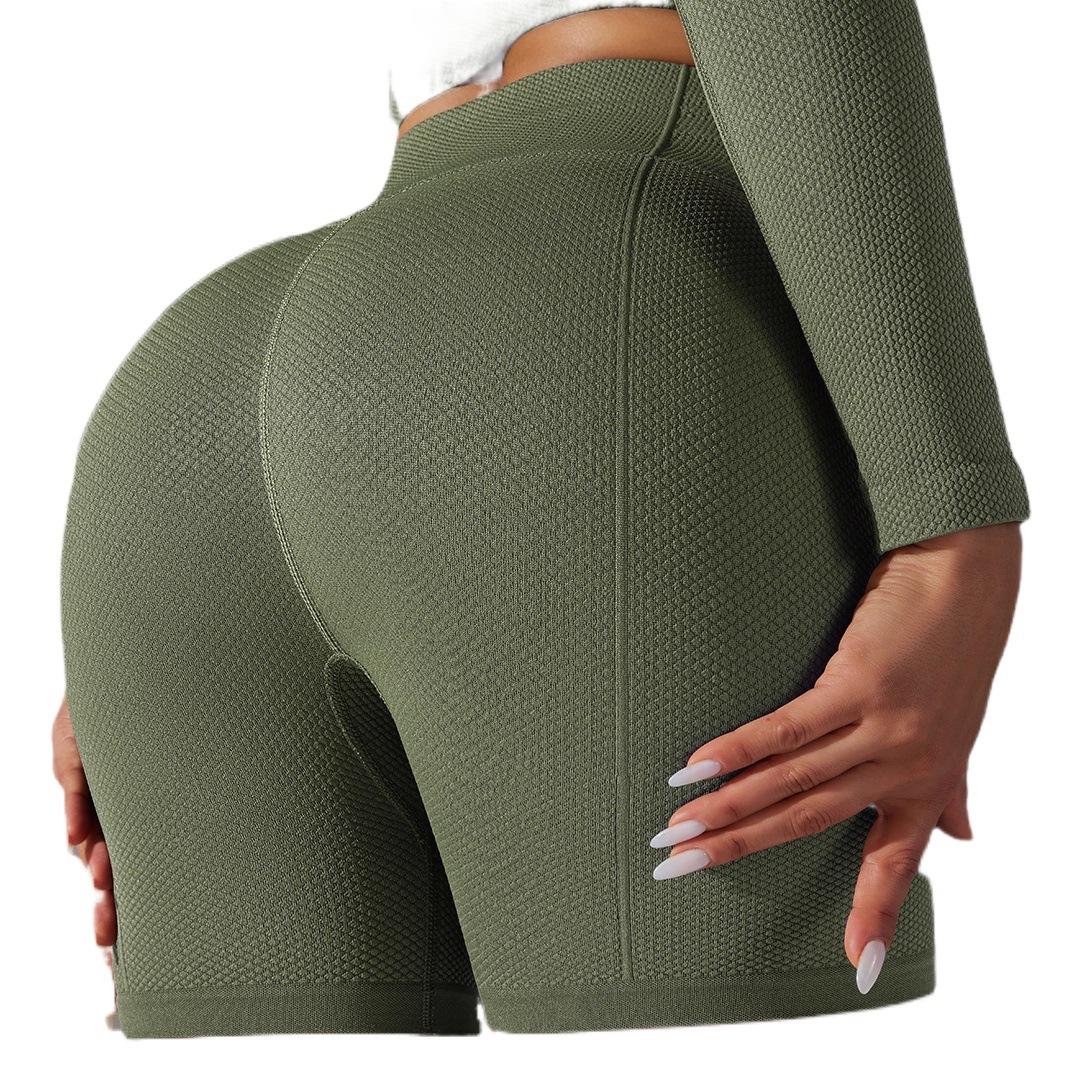 Transfronterizo europeo y americano sin costuras color sólido punto jacquard cintura alta vientre contracción cadera levantamiento yoga pantalones cortos deportes correr fitness pantalones para mujeres