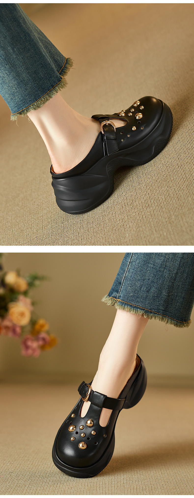 Dép sandal nữ quai chữ V đế dày bít mũi phong cách trẻ trung — đen chi tiết 4
