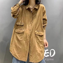 ed7126长袖衬衫中长款气质复古文艺宽松大码休闲百搭衬衣外套女装