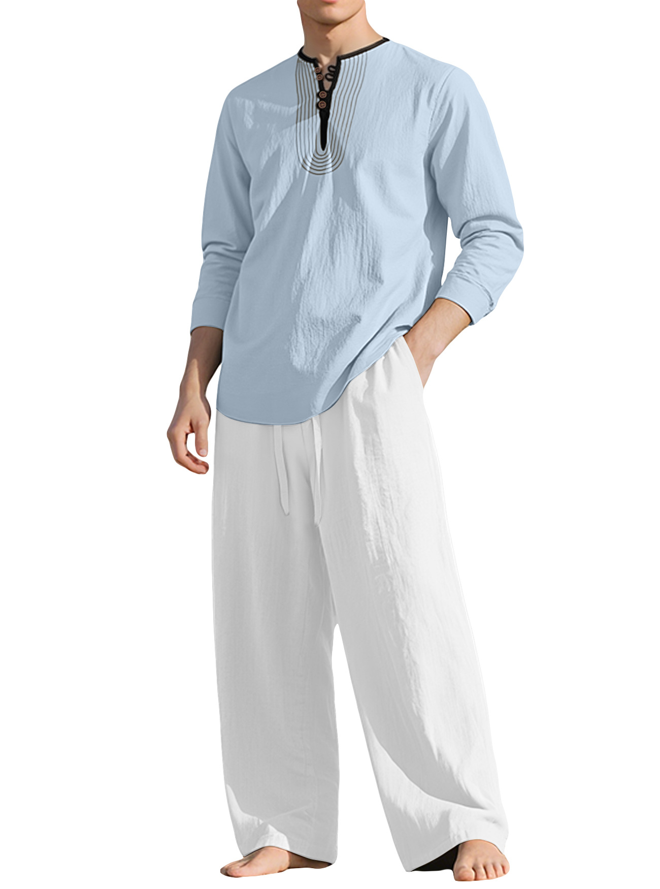 26 fábrica transfronteriza americana cuatro estaciones lino hombre relajado transpirable manga larga camisa de playa set en stock