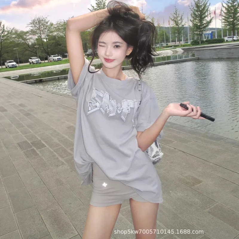 Sk Metal Rock Wide Tee Wide White Matching Celebrity Style Retro Loose T-Shirt Top