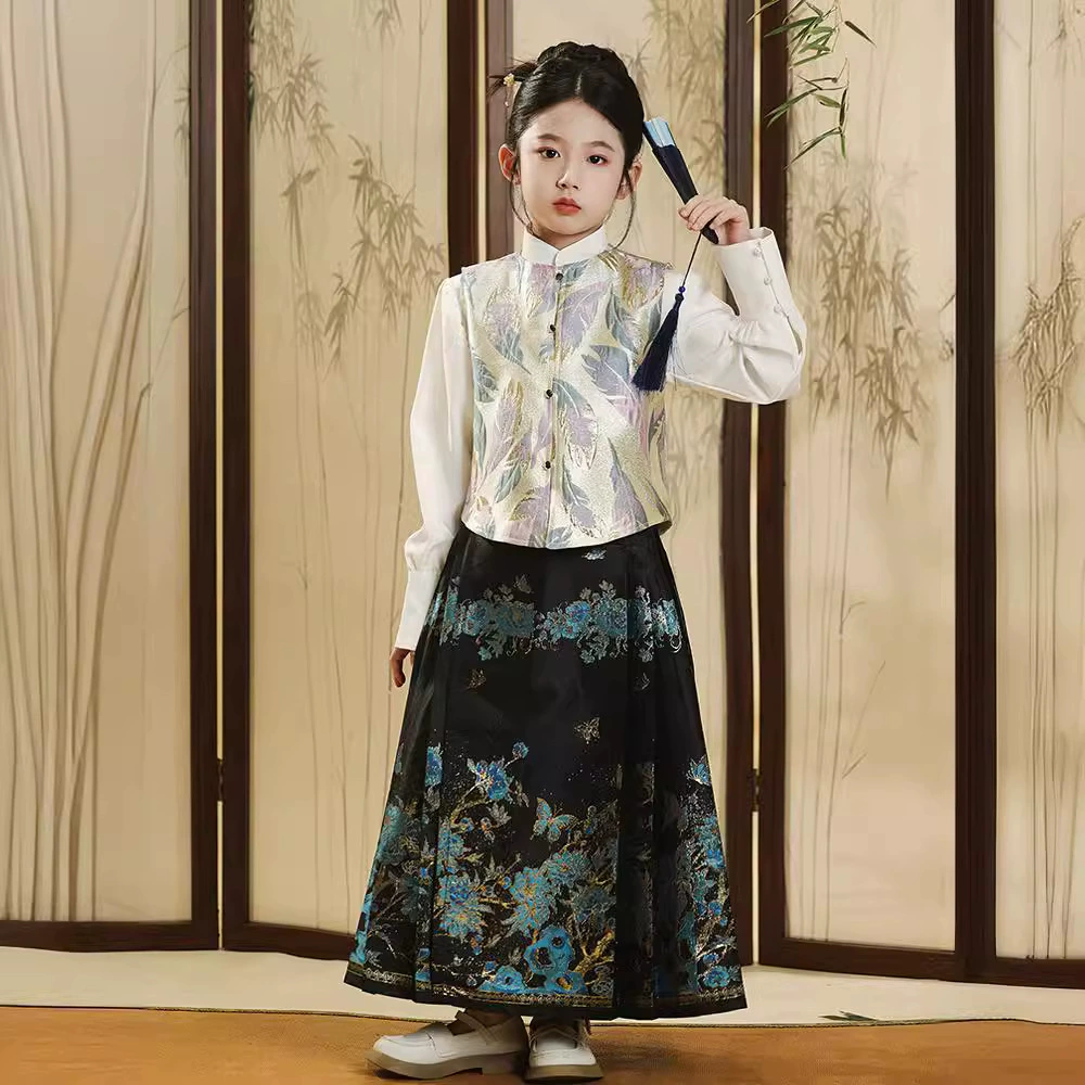 Детская юбка с узором в виде лошади, древний стиль Ханьфу династии Мин, традиционный китайский костюм для девочек для выступлений в детском саду, повседневная одежда.