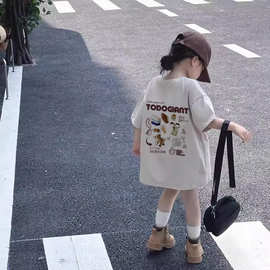 女童夏季新款2024宽松韩版t恤儿童卡通印花纯棉短袖休闲中长上衣
