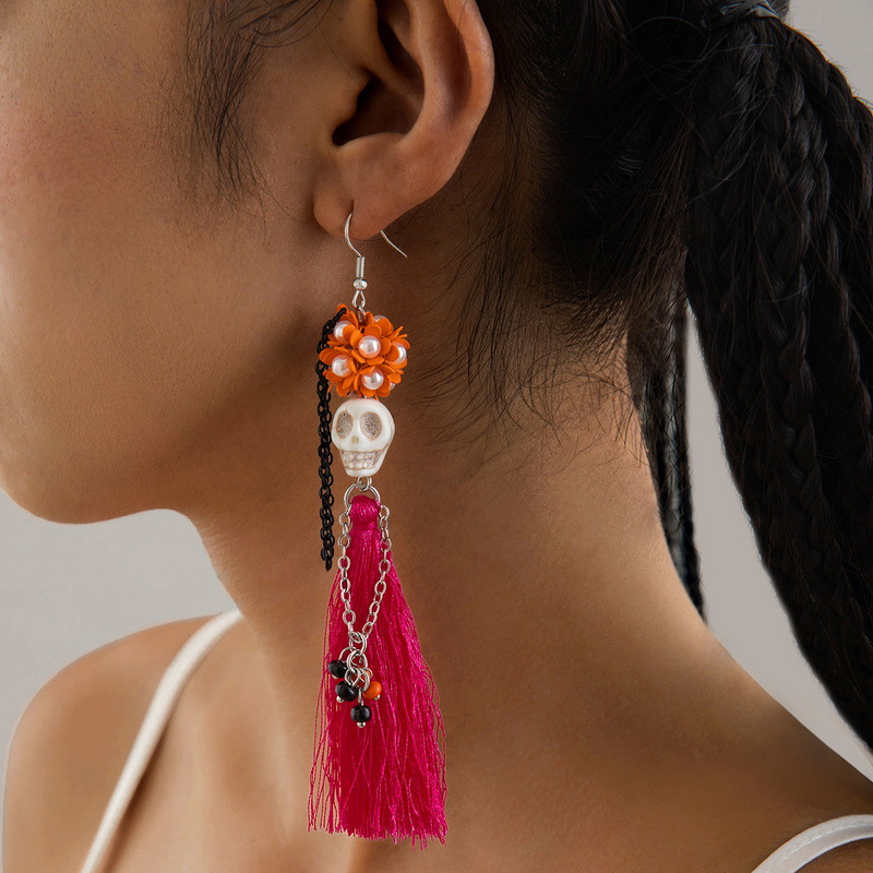 27g Weight Alloy Ear Needle Material Drop Earrings Classification 1 Pair Quantity Holiday, Daily Occasion Alloy, Resin Material Halloween Festival Tassel, Skull Pattern Women's Gender Plating Design Elegant, Streetwear Style 1 Pair Halloween Elegant Streetwear Tassel Skull Plating Alloy Resin Drop Earrings 5