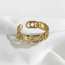 欧美时尚潮流环环相扣几何开口钛钢戒指男女款百搭不锈钢镀金指环
