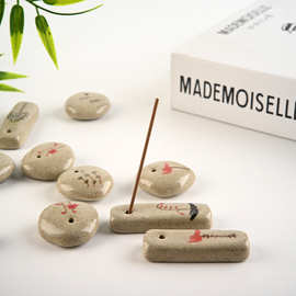 手工粗陶极简日式线香插香立香座彩绘陶瓷小香托旅行便携香器香盘