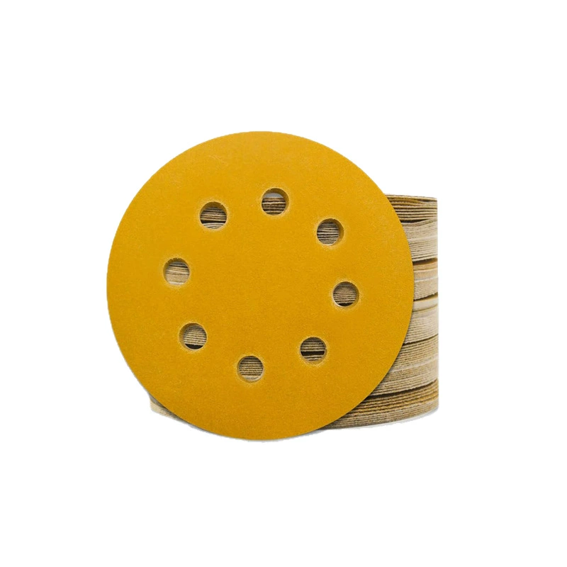 Cross-border hot-selling 5-inch 8-hole yellow sanding paper 125mm 8-hole round disc sandpaper yellow sand coating flocked sandpaper