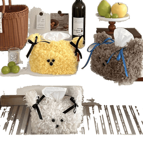 Korean INS-style Bichon Frise Dog Paper Towel Holder, Maltese Dog Plush Dopamine Living Room Car Driving Paper Towel Holder