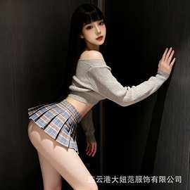 大妞范性感内衣制服诱惑jk格子超短裙学院风纯欲co套装毛衣百褶裙