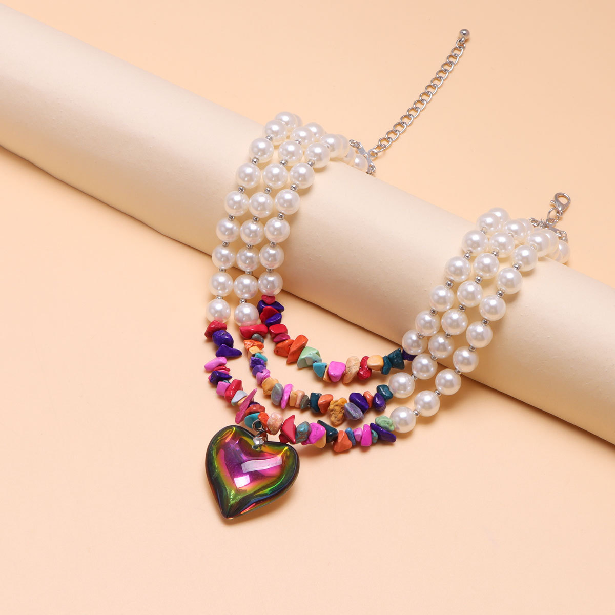 Joyería transfronteriza europea y americana, cadena de perlas turquesas retro exagerada, personalidad, corazón de cristal artificial_voghion.com