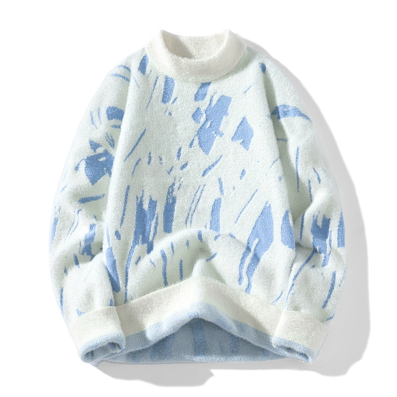 Чернила жаккардовый дизайн свитер мужской свободный круглый воротник трикотаж топ