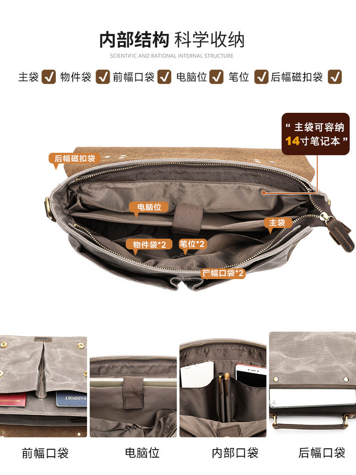Cặp da thật vải canvas sáp dầu phối da ngựa điên, túi đựng laptop 14 inch đeo vai nam, túi đi làm kiểu Cambridge đơn giản — Màu nâu nhạt, Màu xám, Màu đen