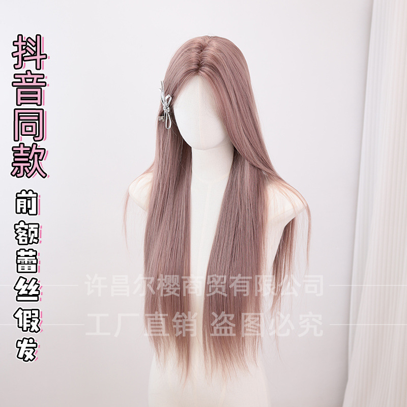 Er Ying Internet Celebrity Lace Wig Summer New One-Line Lace Women's Long Straight Hair Natural Full Headgear Style