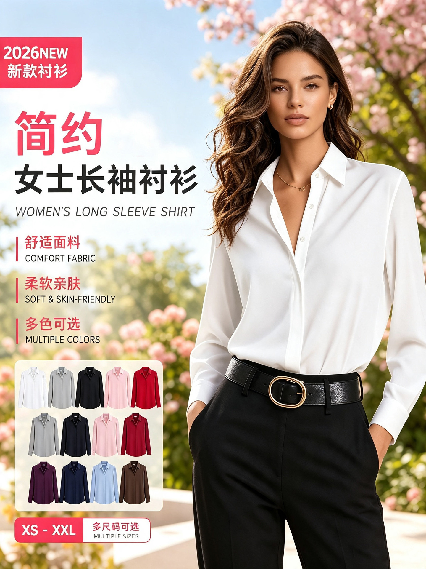 2026 nueva camisa de mujer blanca europea y americana transfronteriza de manga larga minimalista de verano de mujer camisa suelta universal al por mayor image 1