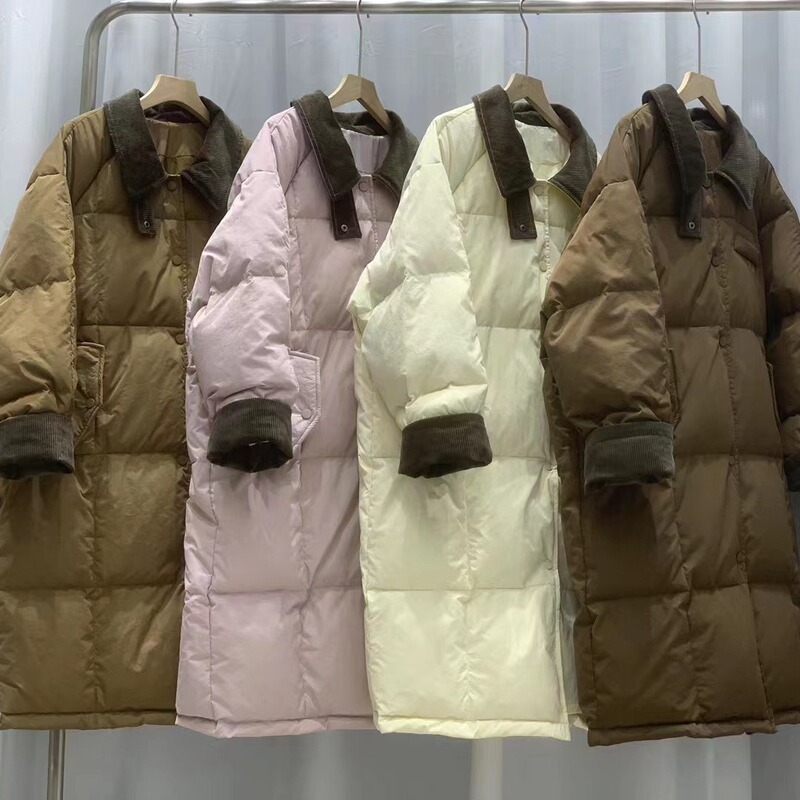 Winter Korean-Style Melard Color Corduroy Lapel Long Over-The-Knee Warm White Duck down Coat for Women, Thickened for Cold Protection Winter Korean-Style Melard Color Corduroy Lapel Long Over-The-Knee Warm White Duck down Coat for Women, Thickened for Cold Protection