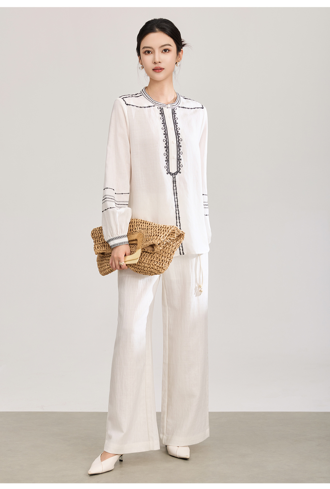 Áo sơ mi nữ chất liệu linen phối màu tay ngắn phong cách Pháp — màu xanh nhạt chi tiết 21
