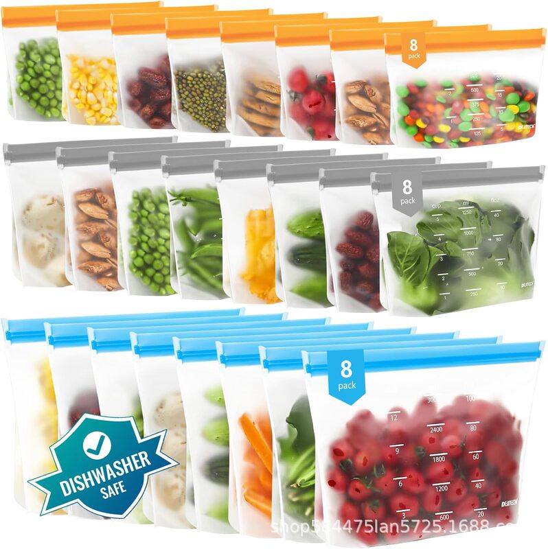 PEVA food storage bags, resealable and reusable, for sandwiches, with a stand-up design, accordion bottom, and zipper closure