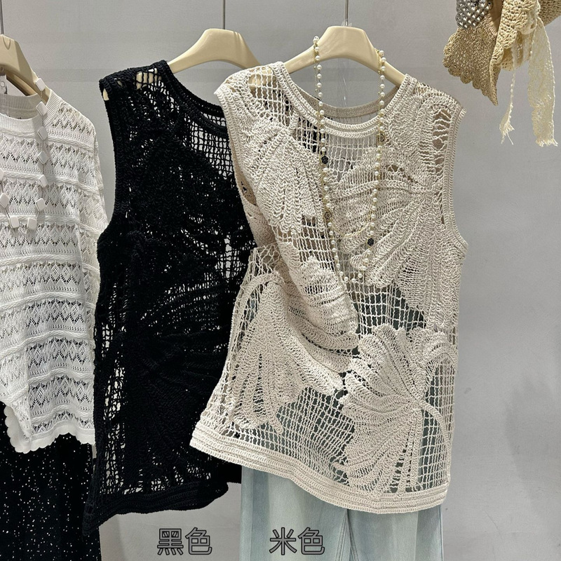 Clothing Number Homemade Handmade Flower Top Cotton and Linen Thin Loose Elegant Outer Wear Knitted Shirt Women's Literary Vest Korean Style