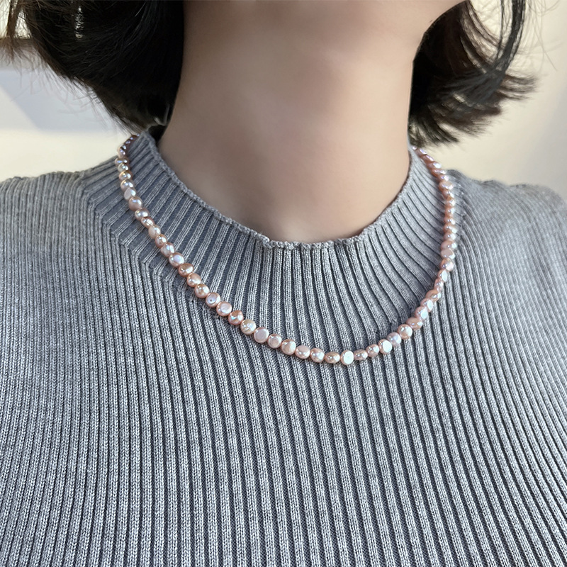 仙紫5-6mm巴洛克淡水珍珠鎖骨鏈項鍊無核通體純銀扣頭