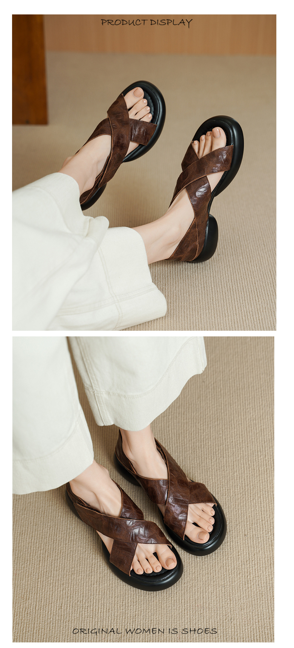 Sandal nữ hở mũi đế dày 4 cm da cừu quai chéo bọc gót — màu nâu chi tiết 10