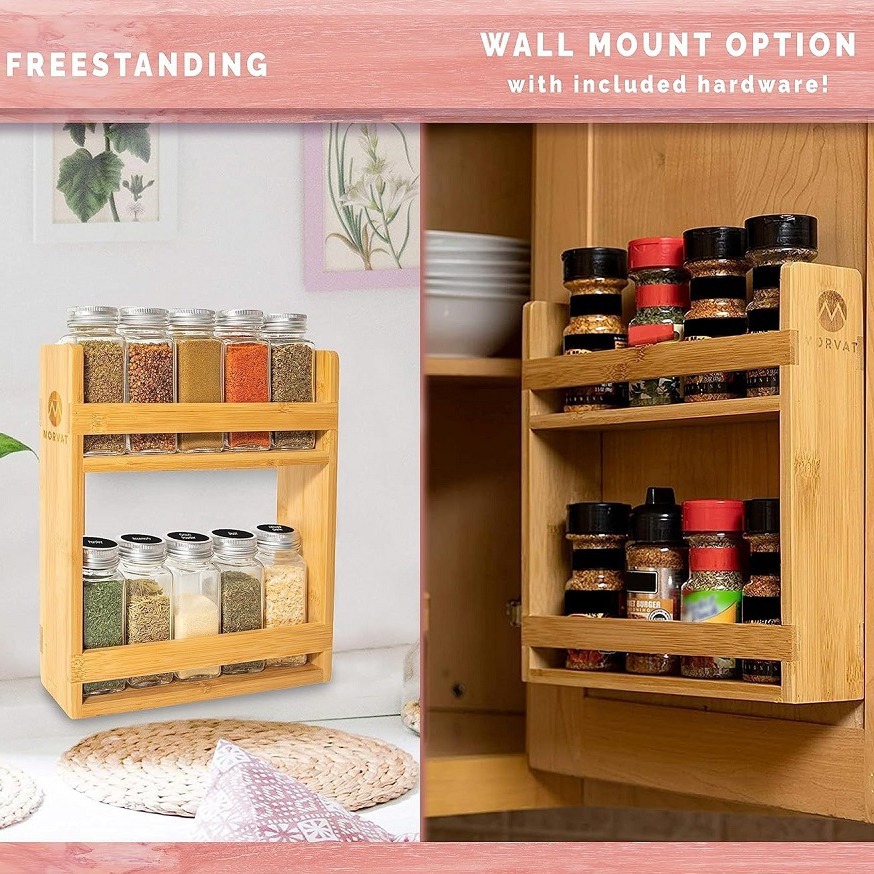 Customized bamboo and wood spice jar rack two-layer seasoning rack storage box set kitchen food cabinet spice storage rack