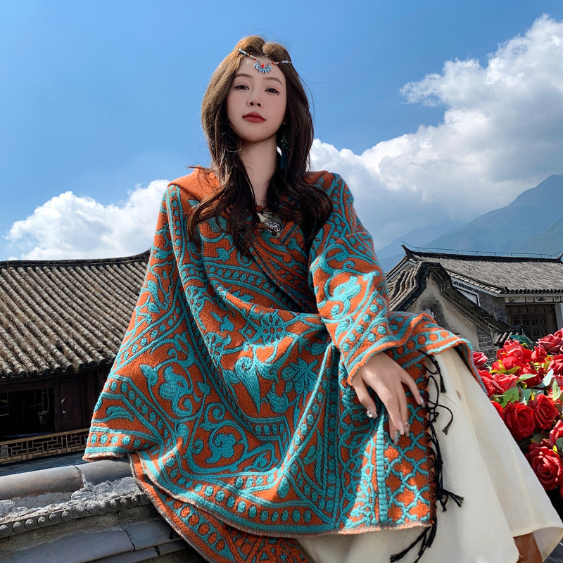 エスニックスタイルの旅行服、写真撮影用ショール、模造カシミアスカーフ、秋冬の厚く暖かいスリットスカーフ、フード付きマント|undefined