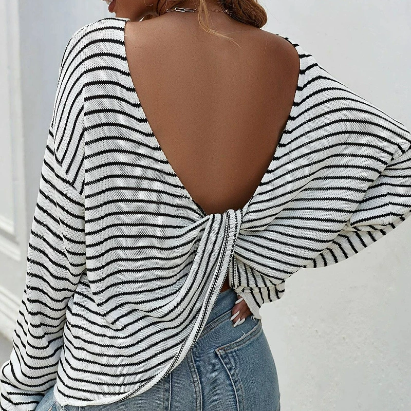 Вязаный свитер с длинным рукавом, европейский стиль, backless, оверсайз, свободный крой