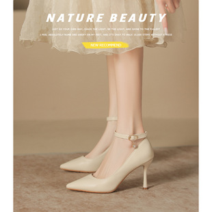 2025 New Pointed Stiletto Heel plus size Plus Fat Widened One-line Buckle Women's Single-layer Shoes Commuter Work Shoes All-match