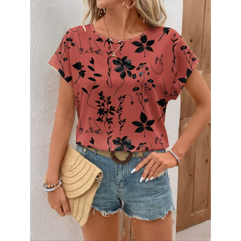 Новая летняя свободная футболка с круглым вырезом и принтом для женщин, экспорт Amazon из Европы и Америки, 2025 год