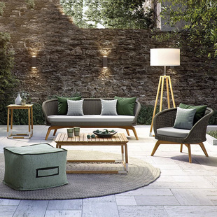 Teak Outdoor Sofa Courtyard Sunscreen Waterproof Rattan Chair Outdoor Rattan Weaving Table for Villa Solid Wood Garden Rope Weaving Furniture