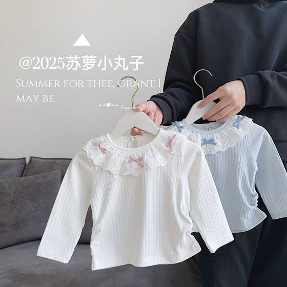 2025 Spring 0-3 Years Old Girl Baby Sweet Princess Fashionable Bow Lap Long Sleeve Base Shirt Top