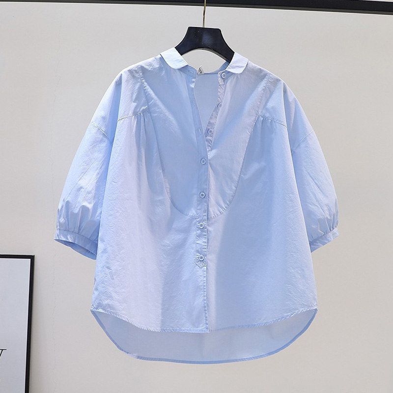 2026 Summer New Style Plus-Size Loose-Fitting Slimming Artistic Simple Solid Color Half-Sleeve Shirt Top for Women