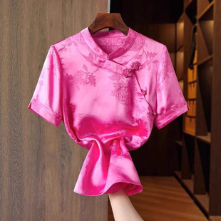 Improved Button New Chinese Style Shirt for Women Summer Short-Sleeved Retro Jacquard Light National Style Tang Suit Top Small Shirt Large Size