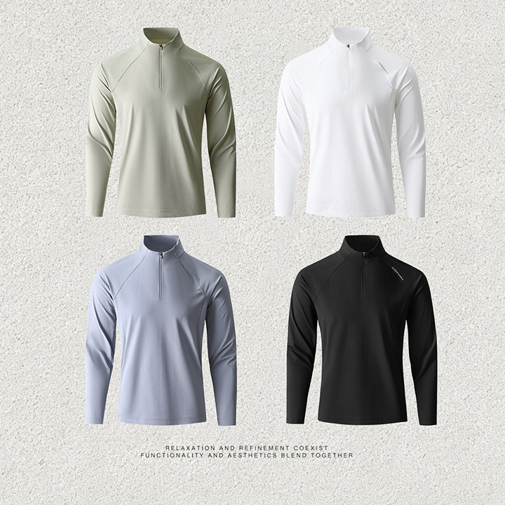 Quick-drying, breathable, 3D tailoring, four-way stretch, men's sports half-zip stand-up collar long-sleeve T-shirt Quick-drying, breathable, 3D tailoring, four-way stretch, men's sports half-zip stand-up collar long-sleeve T-shirt