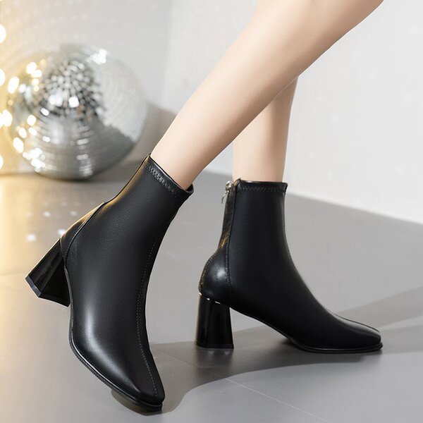 Demi-season warm low boots square toe platform with zipper