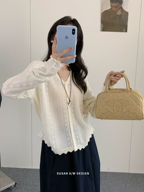 苏珊 2025新款韩系慵懒编织花朵边单排扣V领开衫上衣针织衫26998|undefined