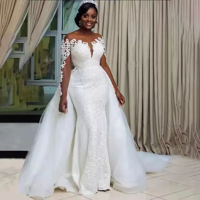 White lace wedding dress summer mid-length waist long sleeve adult wedding dress toast dress evening dress skirt factory supply White lace wedding dress summer mid-length waist long sleeve adult wedding dress toast dress evening dress skirt factory supply