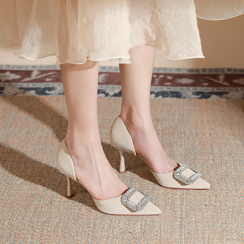 Crystal Square Button Wedding Shoes Korean Version Spring/summer Hollow High Heel Shoes Pointed Toe External Wearing Sandals Women's Thin Heels_voghion.com